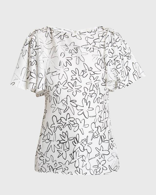 Doodle Floral Flutter-Sleeve Silk Top